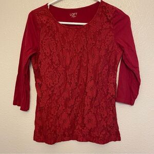 LOFT red lace 3/4 sleeve crew neck blouse top cotton casual blouse S